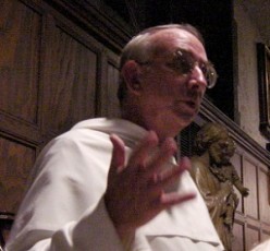 Fr. Tom O'Meara, Prior, welcomes guests to the wake service.